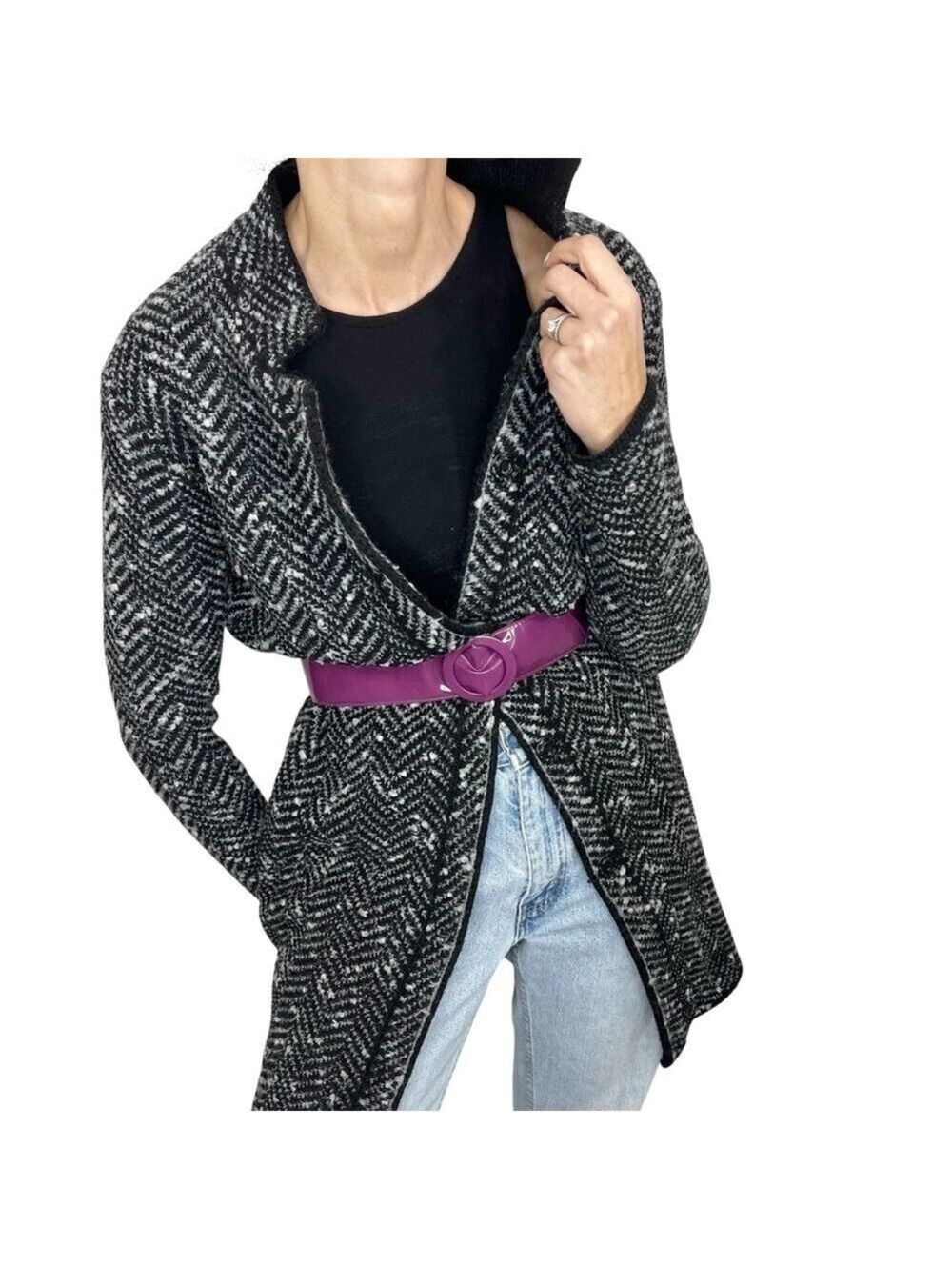 Vintage Cocogio Italy wool blend black grey chevron knit long cardigan sweater